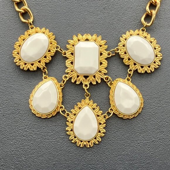 Gold White Statement Necklace 20 In Teardrop Rectangle Oval Charms Retro Vintage - Picture 2 of 11